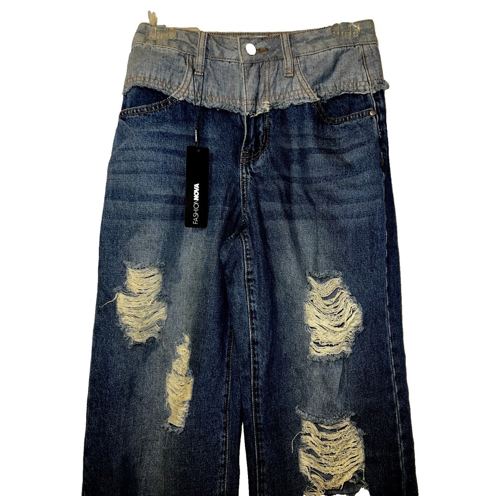 Fashion Nova Two Tone Double Waistband Distressed Wide Leg Jeans Medium Wash 3 - Picture 2 of 11